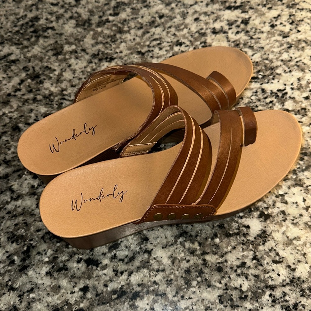 Wonderly Women's Tan-Brown Strappy Wedge Slides